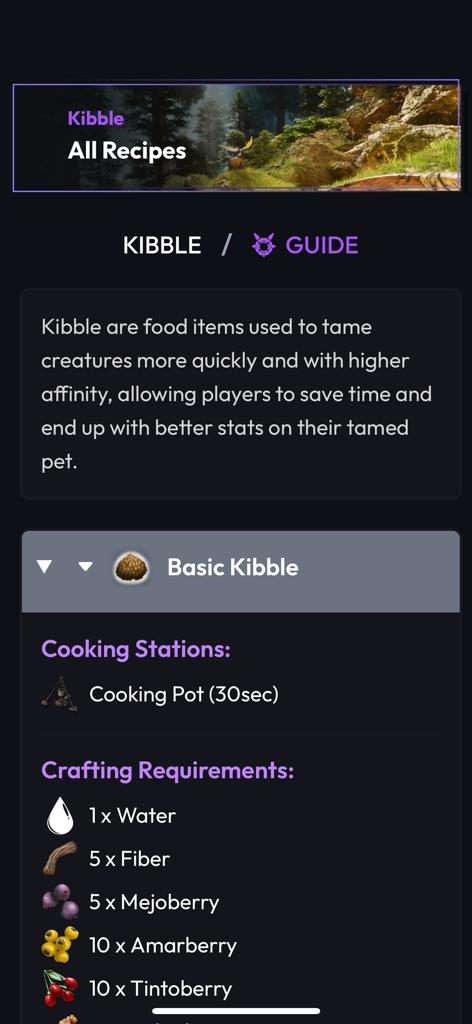 A mobile screen showing the Basic Kibble recipe and crafting requirements in the ARK Unity for ASA app.