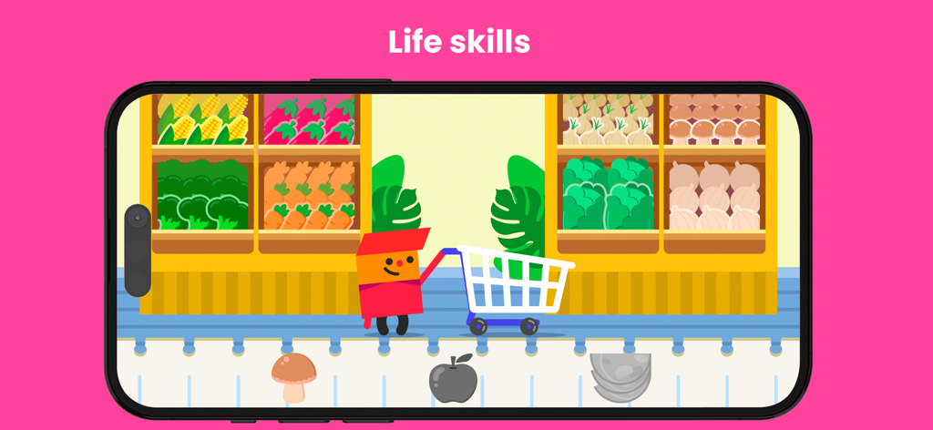Kokoro Kids: educational games - A character shopping in a supermarket for life skills learning in the Kokoro Kids app.