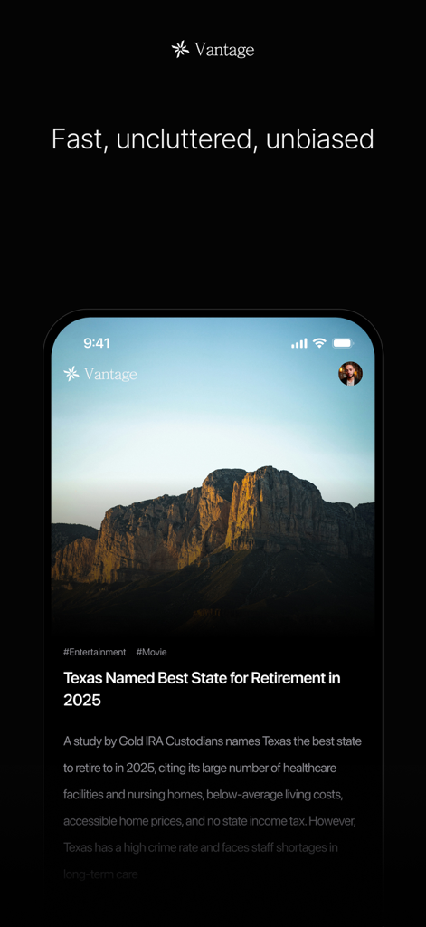 Vantage Media - Vantage Media app news feed featuring a minimalist dark mode interface and a summary of trending stories.