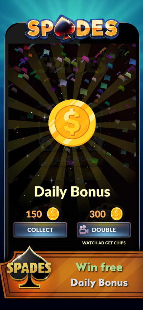 Daily bonus screen in Spades Offline card game showing coin rewards
