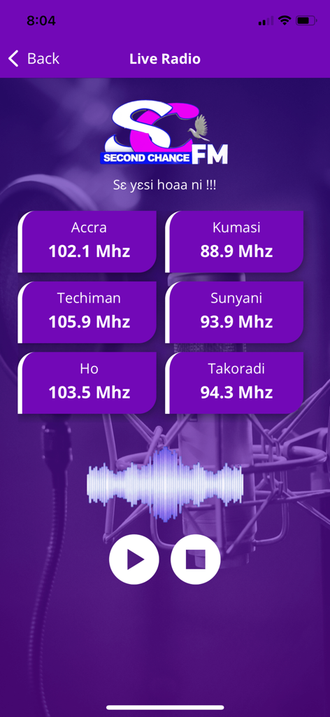 Second Chance Tv app live radio interface with FM station frequencies for Ghanaian cities