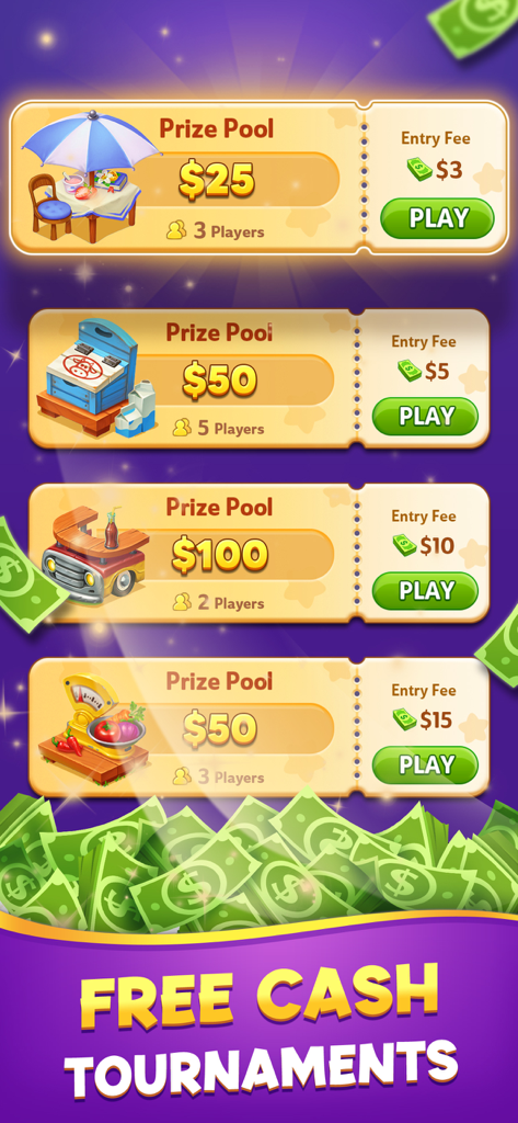Bingo to Win: Real Cash Prizes - Menu of Bingo to Win app displaying cash tournaments with prize pools and entry fees