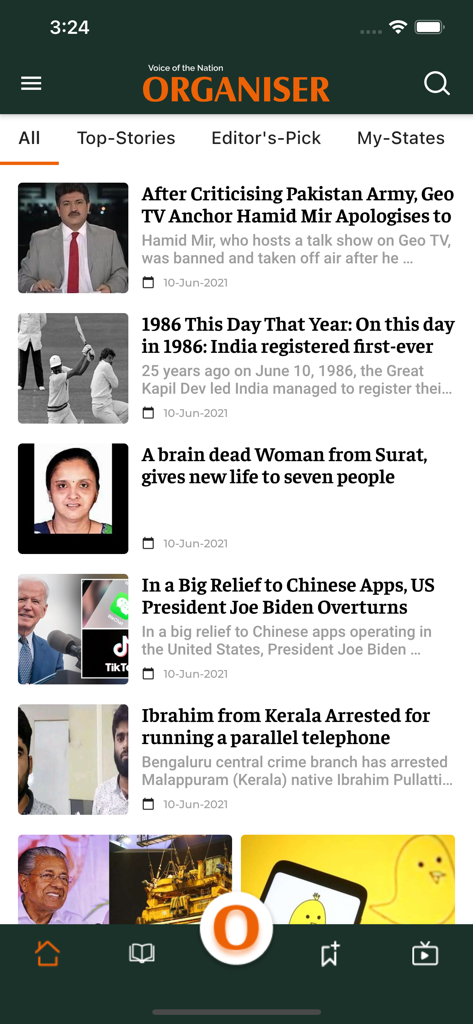 Organiser - Voice of Nation - The home screen of the Organiser app showing a list of news articles and navigation categories.