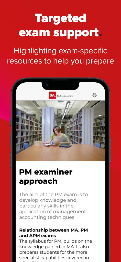 ACCA Student Accountant - A smartphone displaying the ACCA Student Accountant app with a section on targeted exam support and examiner approach articles.