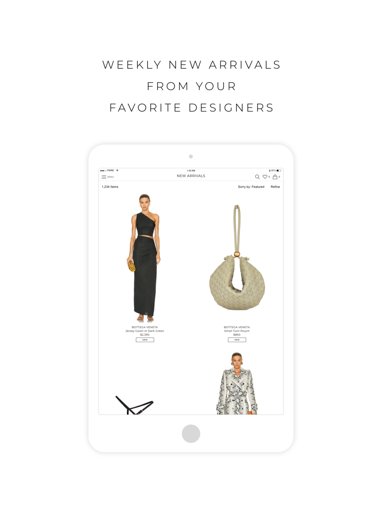FWRD for iPad - FWRD iPad app showing new arrivals from luxury designers like Bottega Veneta