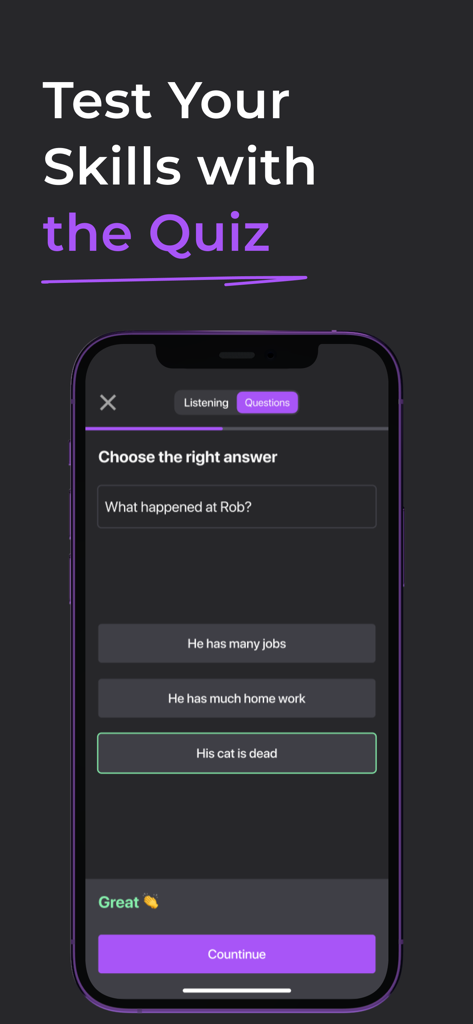 Fluent by Audio & Podcast - Interface showing an English comprehension quiz with multiple choice questions in the Fluent app