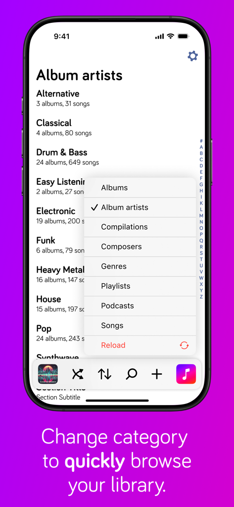 Harken Offline Music Player - Una captura de pantalla del reproductor de música Harken mostrando un menú emergente para seleccionar categorías de biblioteca como álbumes y artistas