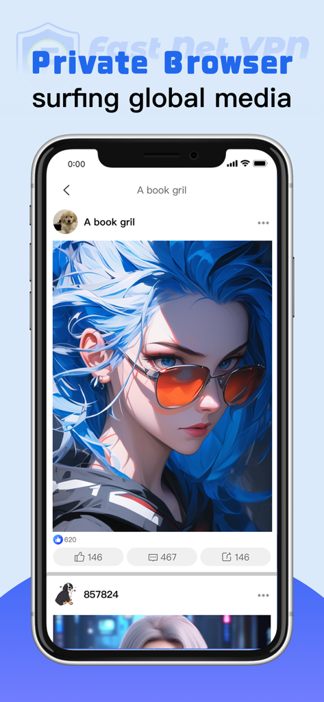 Smartphone screen showing the Fast Net VPN private browser surfing a social media feed with an artistic portrait