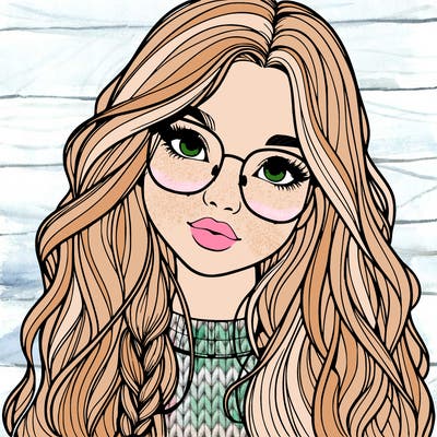 girl with long hair and freckles and glasses realistic