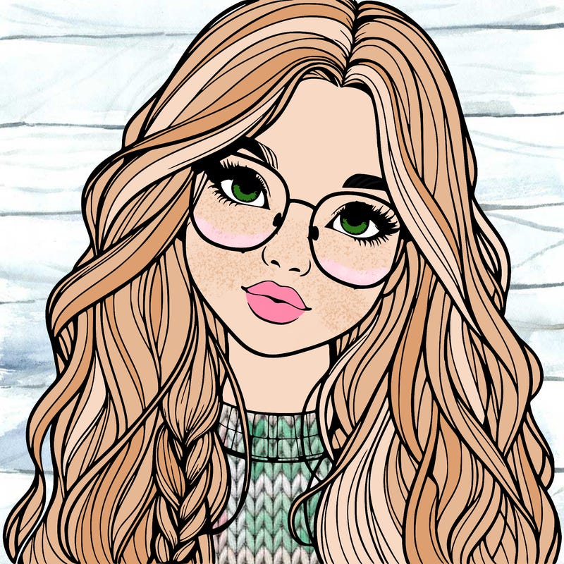girl with long hair and freckles and glasses realistic