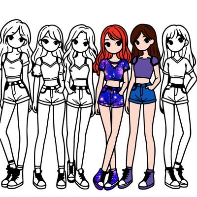 a group of girls wearing crop tops and shorts