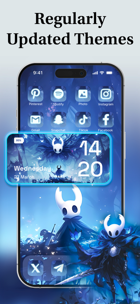 Themie: Wallpapers & Theme - スタイリッシュなアイコンと時間ウィジェットを備えた青いアニメテーマのカスタマイズされたiPhoneホーム画面。