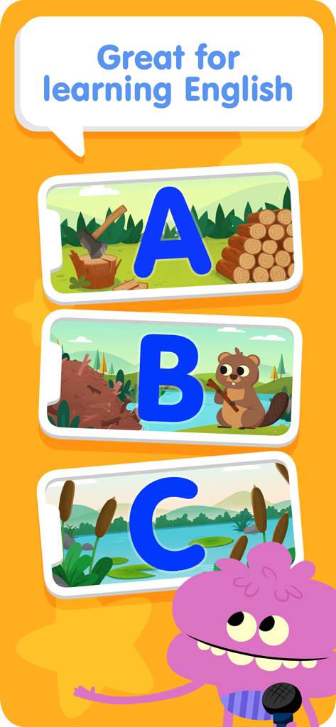 Super Simple - Kids Songs - Super Simpleアプリのスクリーンショット。文字A、B、Cのアルファベット学習画面を表示。