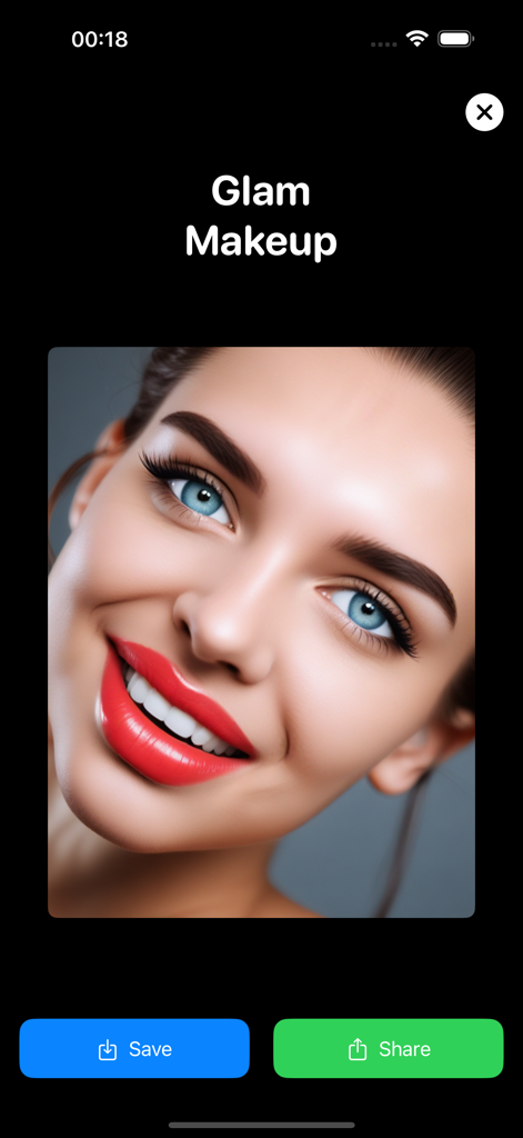 Ein Frauenporträt, das einen virtuellen Glam-Make-up-Look mit rotem Lippenstift und auffälligen Wimpern aus der KI Anprobe App zeigt