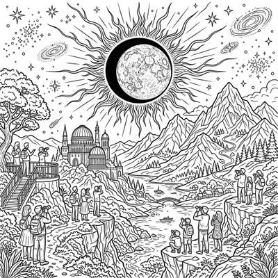 Journey into a stunning celestial event with this detailed solar eclipse coloring page, capturing the awe of the moon obscuring the sun. This full scene landscape invites you to color intricate mountains, an observatory, and groups of excited observers.
