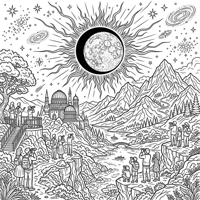 Journey into a stunning celestial event with this detailed solar eclipse coloring page, capturing the awe of the moon obscuring the sun. This full scene landscape invites you to color intricate mountains, an observatory, and groups of excited observers.
