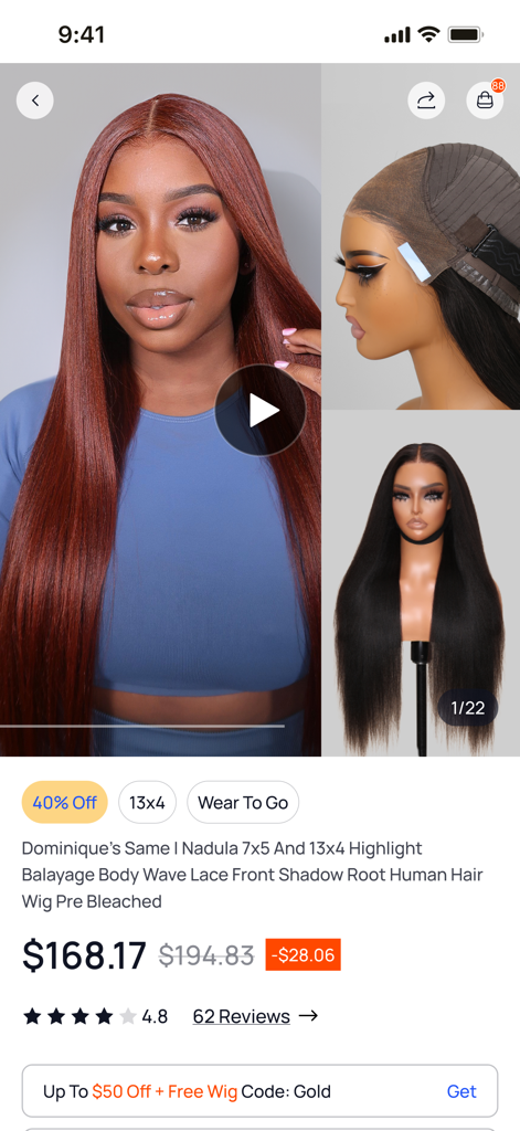 Nadula Wig - Nadula Wig app showing a long auburn human hair lace front wig with pricing and product details.