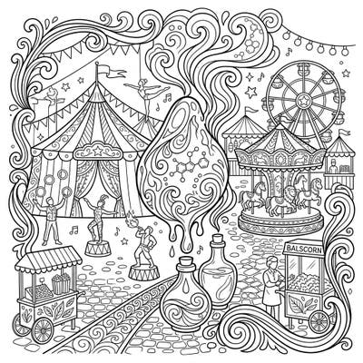 Immerse yourself in a vibrant coloring page that fuses the enchanting world of amber fragrances with the excitement of a carnival. This intricate design offers a delightful challenge, blending aromatic mystique with classic fairground fun.
