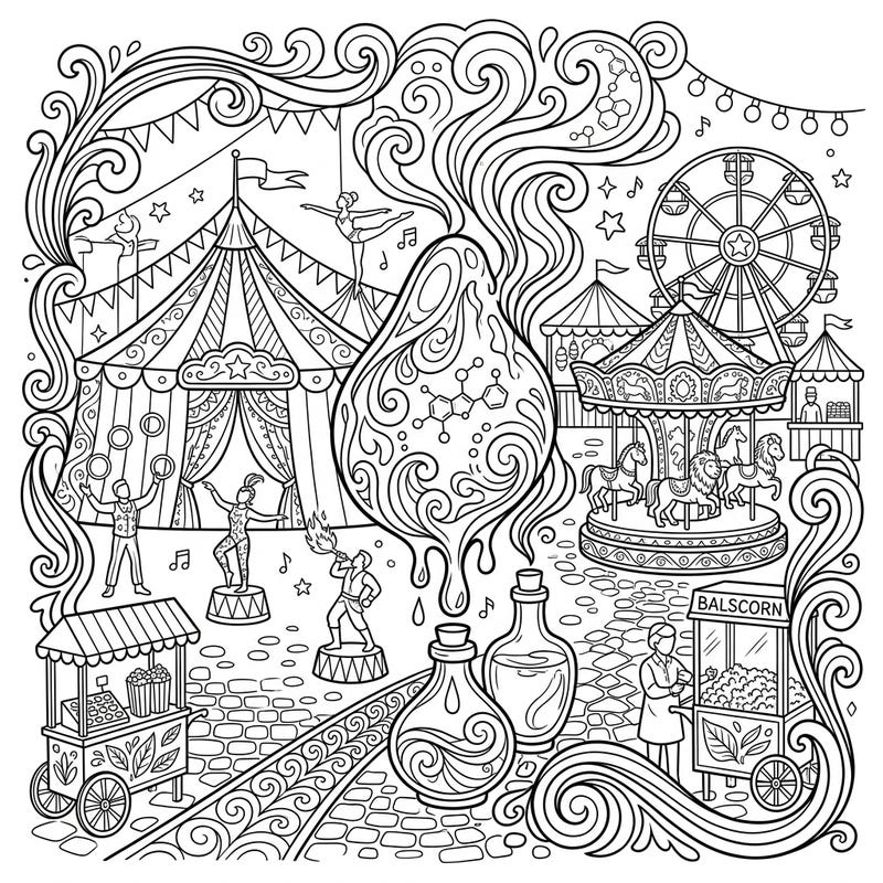 Immerse yourself in a vibrant coloring page that fuses the enchanting world of amber fragrances with the excitement of a carnival. This intricate design offers a delightful challenge, blending aromatic mystique with classic fairground fun.