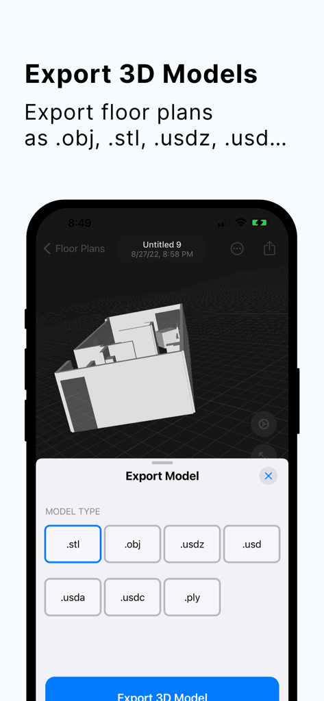 さまざまなファイル形式で3Dルームモデルをエクスポートするオプションを示すインターフェイス