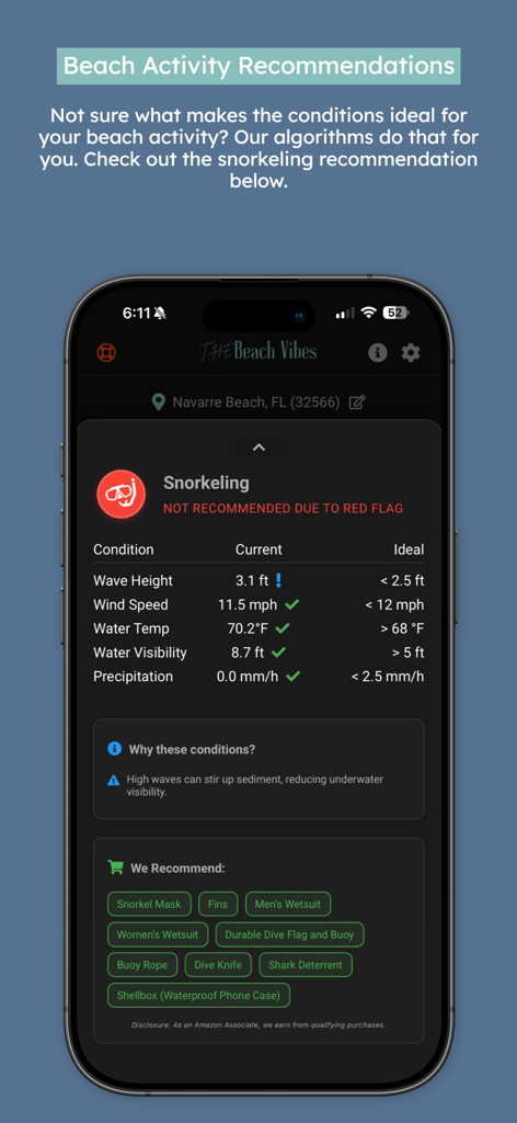The Beach Vibes - The Beach Vibes app displaying snorkeling safety recommendations and local water conditions