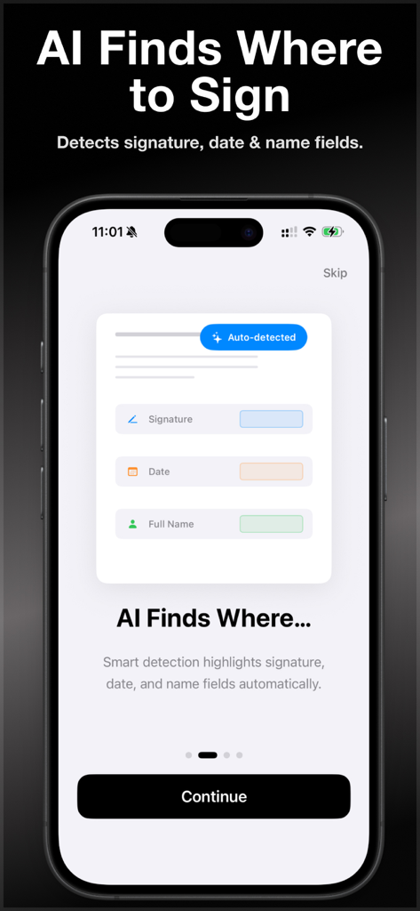 eSign PDF - Signature Maker - Smartphone exibindo o recurso de IA que detecta automaticamente campos de assinatura, data e nome em um documento
