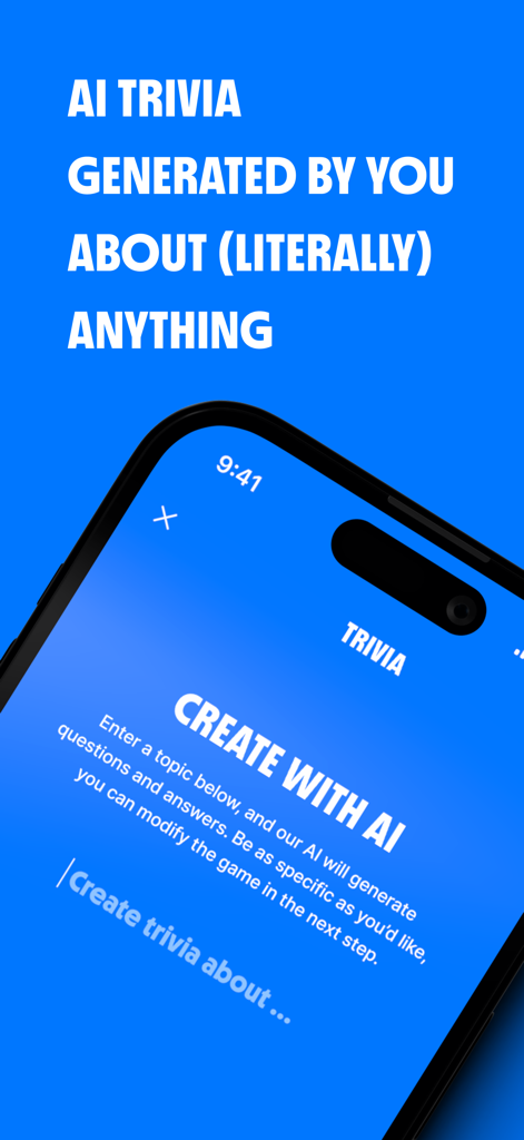 Interface of ChatBCC app showing the AI trivia generation feature where users can create custom games on any topic.