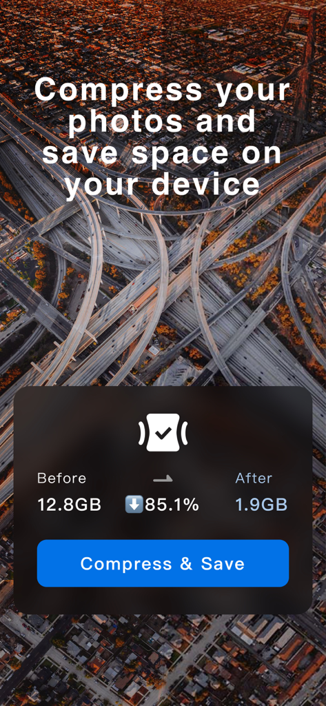 Photo Compress - PicSize - Interface do aplicativo móvel mostrando redução de 85% no tamanho de armazenamento de fotos