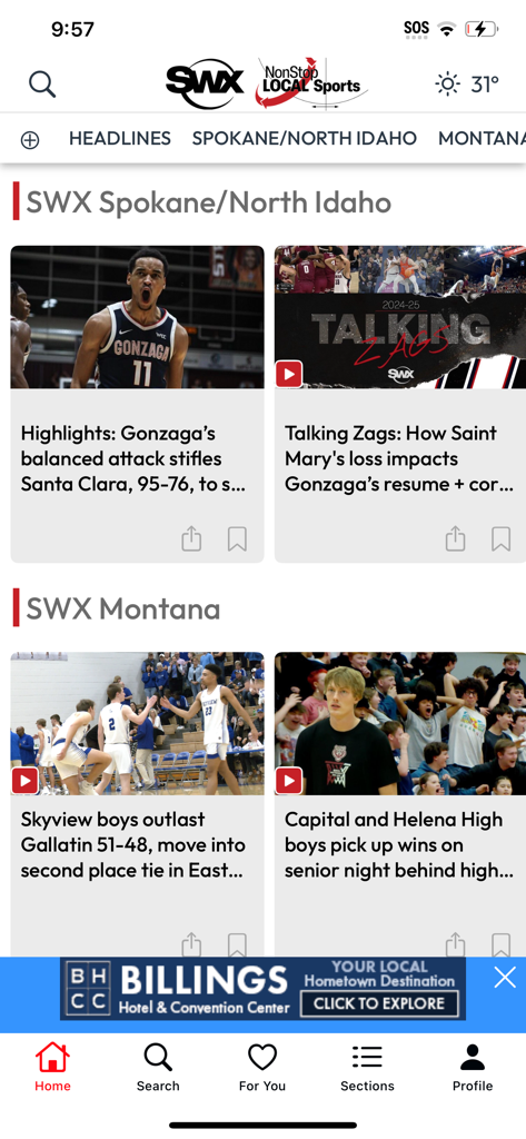 SWX Local Sports - SWX Local Sports app interface showing regional sports highlights and news feed for Spokane and Montana
