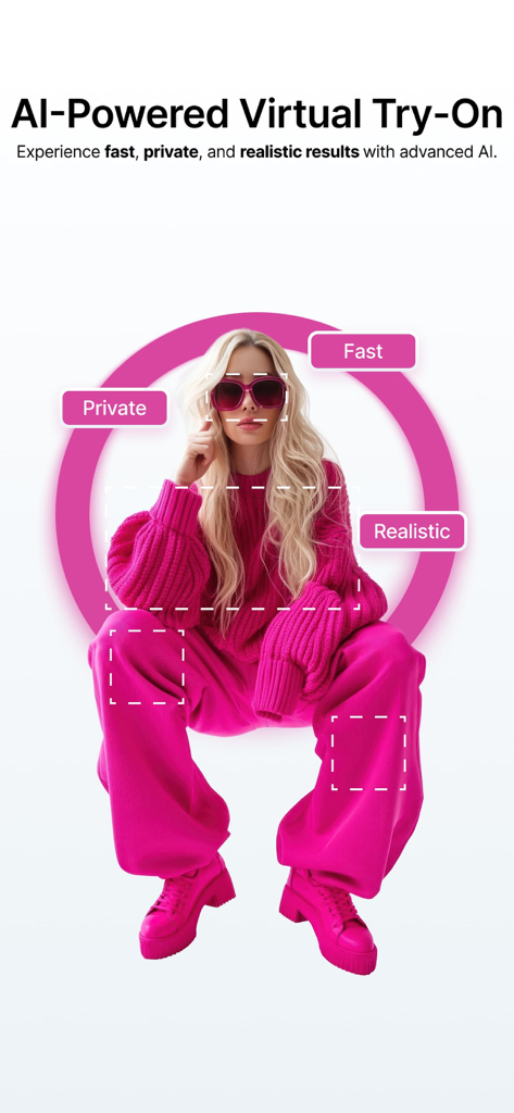 Interfaccia dell'app Prova che mostra la funzione di prova virtuale AI con una donna in abiti rosa