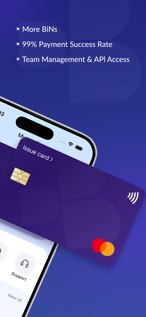 Buvei app interface showing a virtual Mastercard with features like multiple BINs and API access