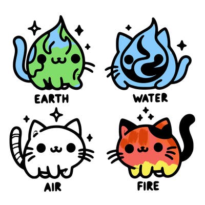 4 cats that represent the different elements, earth, water, air, and fire