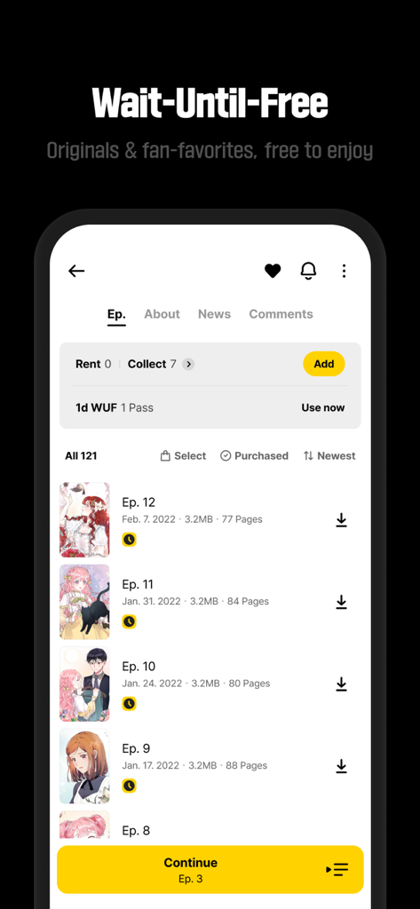 KakaoPage - Uma lista de episódios de webtoon no aplicativo KakaoPage apresentando o ícone do temporizador Espere Até Grátis