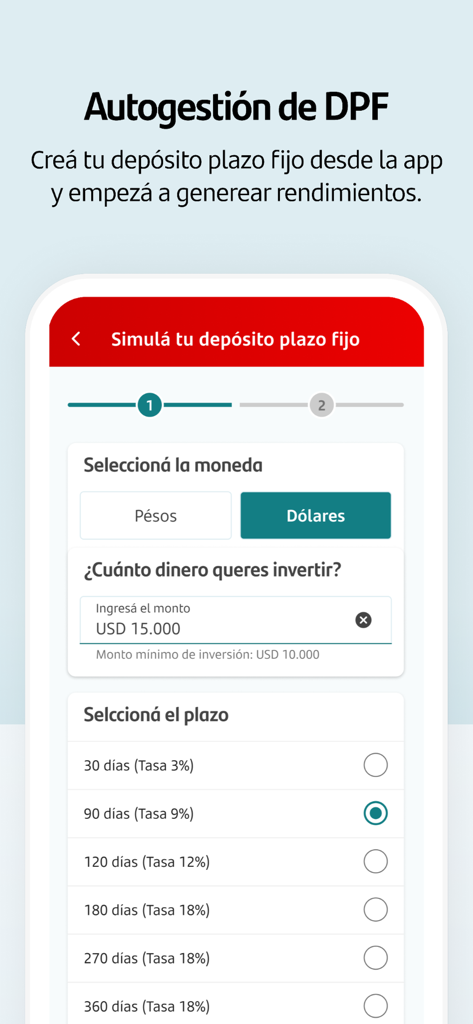 Santander Inversiones Uruguay - Simulación de depósito a plazo fijo en la app Santander Inversiones Uruguay.