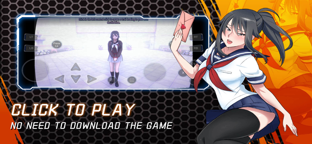 Tela de um celular exibindo a interface de jogos em nuvem Netboom com controles virtuais e uma ilustração de garota de anime