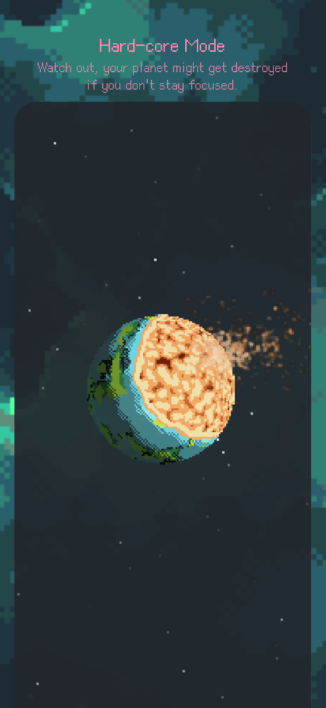 Exocus | Painless Focus - Un planeta de pixel art explotando en la pantalla de enfoque del Modo Extremo de Exocus