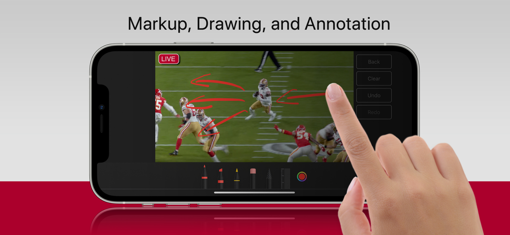 TopDirector - TopDirector app interface showing live sports broadcast markup and drawing tools on an iPhone