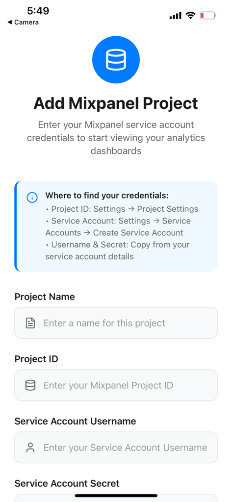 Mixpanel Mobile Analytics - Setup screen for adding a new Mixpanel project including fields for Project ID and service account credentials