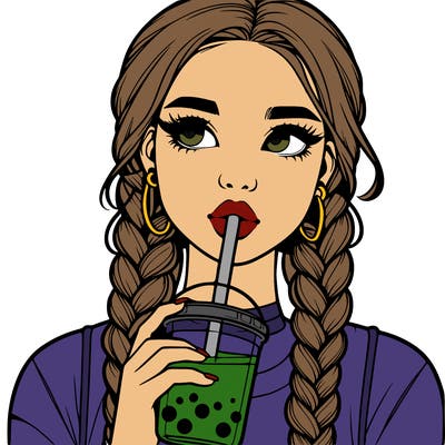 realistic girl with braided hair drinking boba