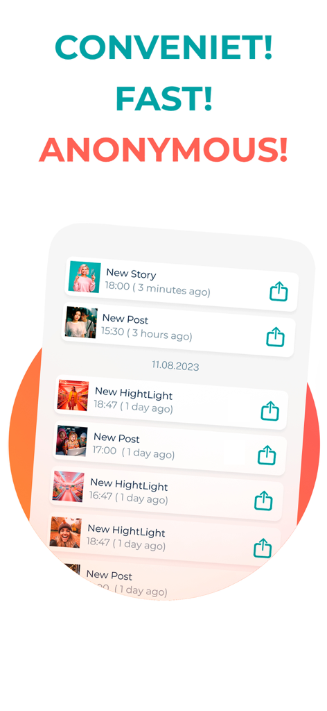SpyBOT app interface showing a list of anonymous story and post notifications.