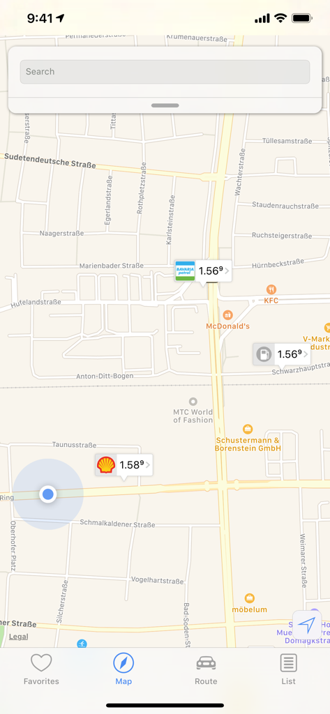 1-2-3 Fuel app interface showing a map with nearby gas stations and fuel prices