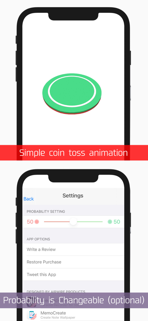 toOne - Heads or Tails - Interface of the toOne app showing a simple coin toss animation and the adjustable probability settings menu