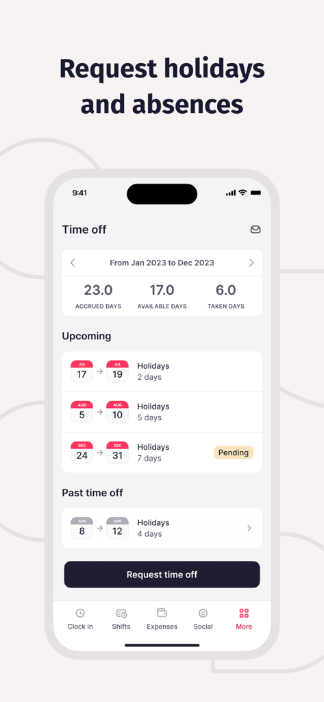 Pantalla de la aplicación Factorial para solicitar vacaciones y ver los saldos de tiempo libre
