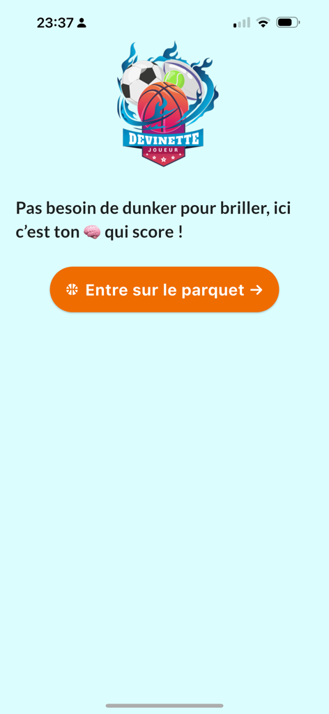 Devinette Joueur - Pantalla de bienvenida de la aplicación Adivina Jugador con el botón de inicio de trivia de baloncesto