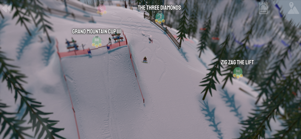 Grand Mountain Adventure - Top down view of a snowy mountain slope featuring several ski challenges and a character skiing in Grand Mountain Adventure.