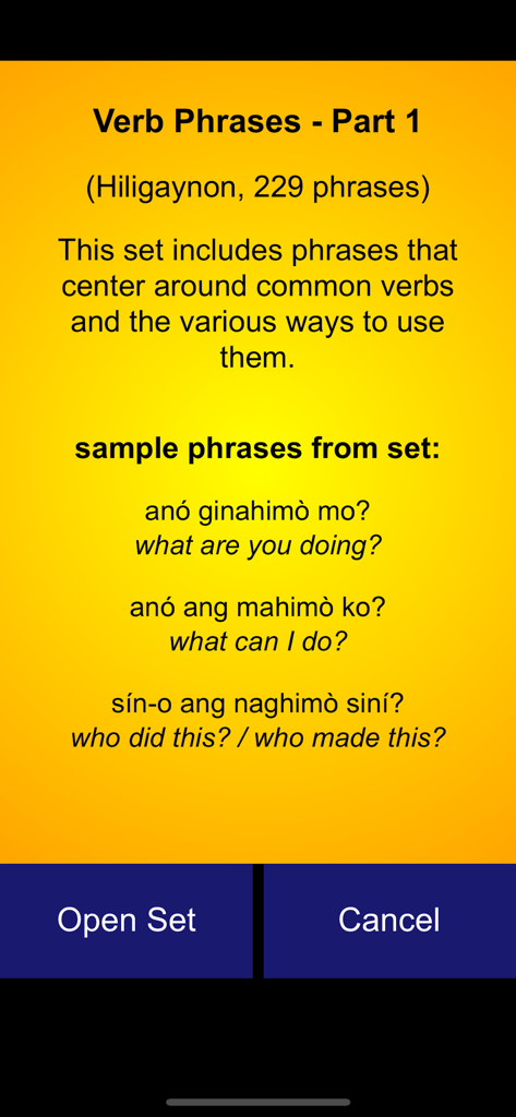 App screen showing a study set for Hiligaynon verb phrases with English translations.