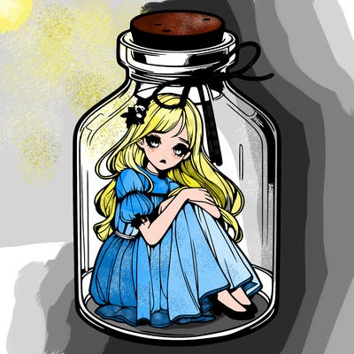 beautiful realistic girl trapped in bottle