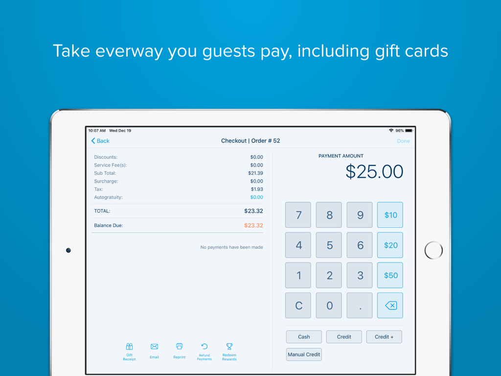 Revel POS - 注文の合計金額と支払い方法を表示するiPad上のRevel POSチェックアウトインターフェース