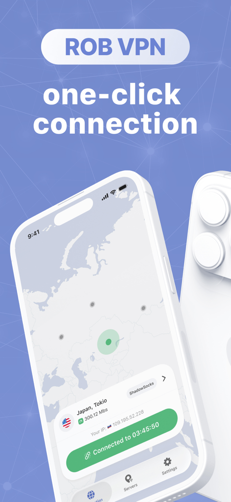 Rob VPN: Proxy master - Rob VPN app interface with one-click connection and server status on a smartphone screen