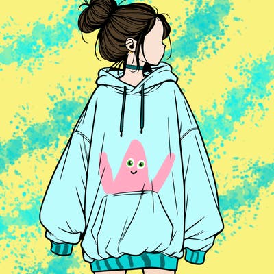 realistic girl with a oversized sweatshirt on and a bun